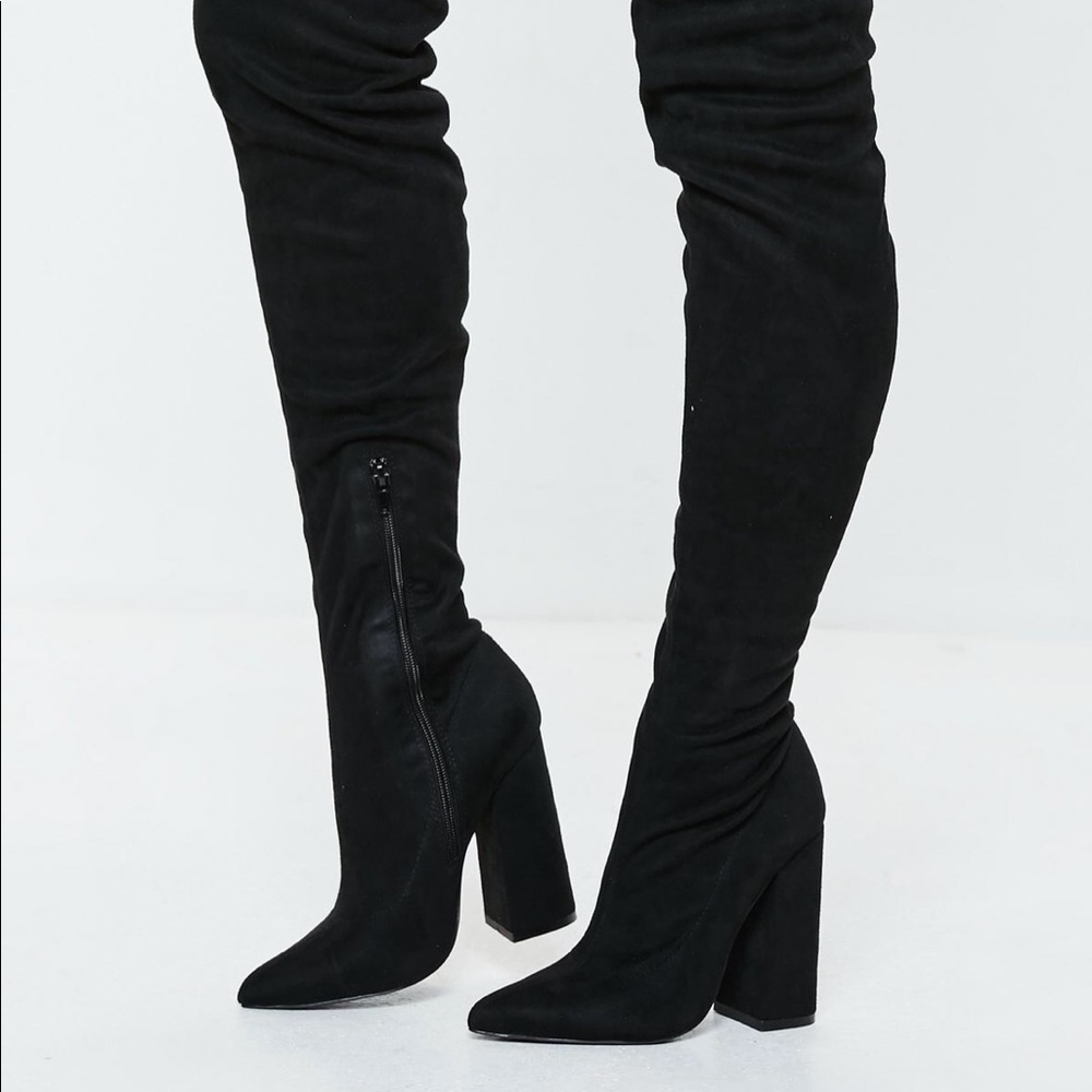 Thigh high black faux suede boots